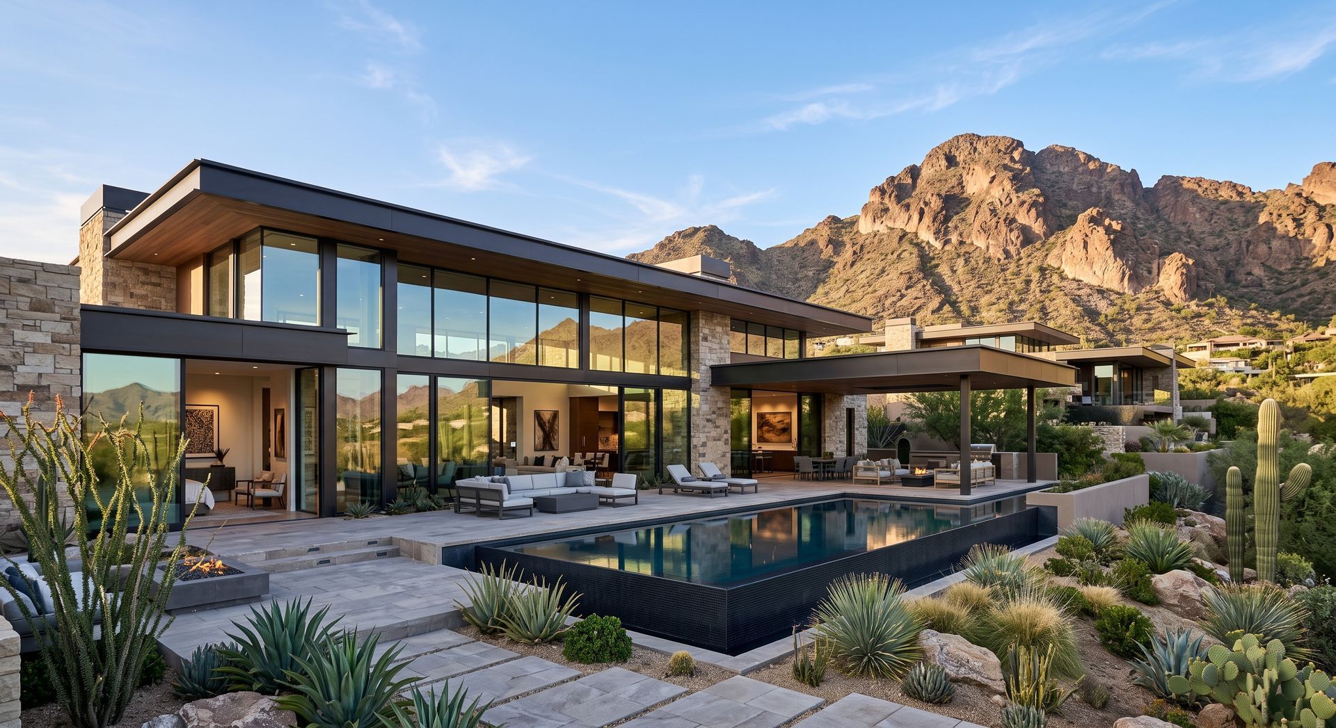 Modern desert home with glass walls, patio, and swimming pool against rocky mountains at sunset