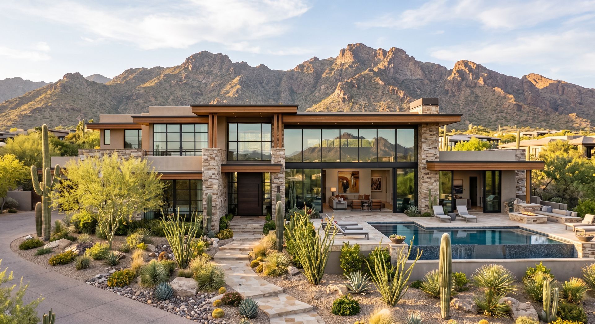 Modern desert house with mountains behind, stone landscaping, and a backyard pool at sunset