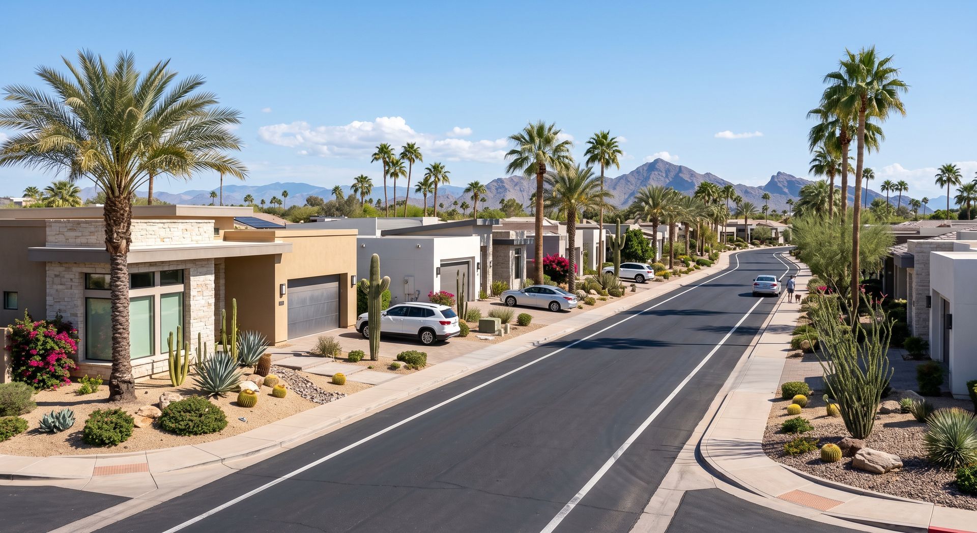 Palm-lined suburban street with modern homes and distant mountains under a clear blue sky