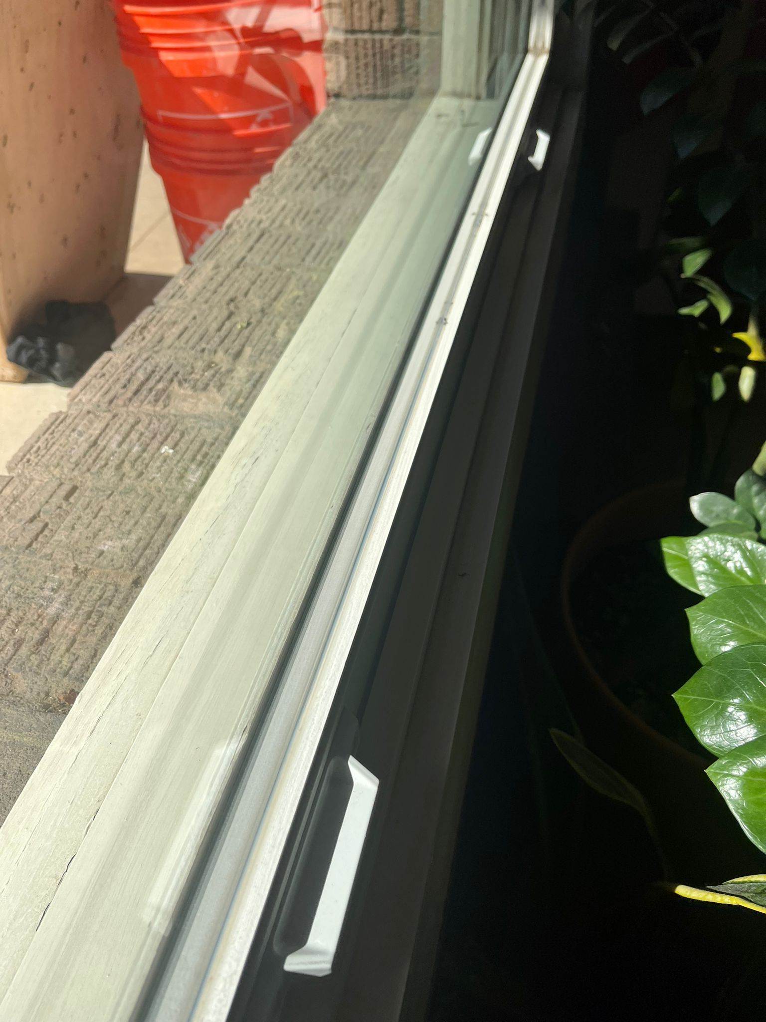 Close-up of a window screen and sill beside an orange container and leafy plant outdoors