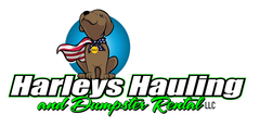 Harleys Hauling and Dumpster Rental LLC logo with a brown dog mascot holding an American flag