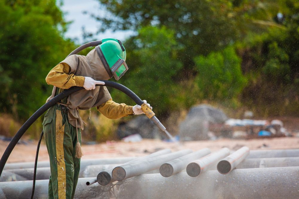 A Man Wearing A Helmet Is Sandblasting A Pile Of Pipes — Mid Coast Coatings In Kempsey, NSW