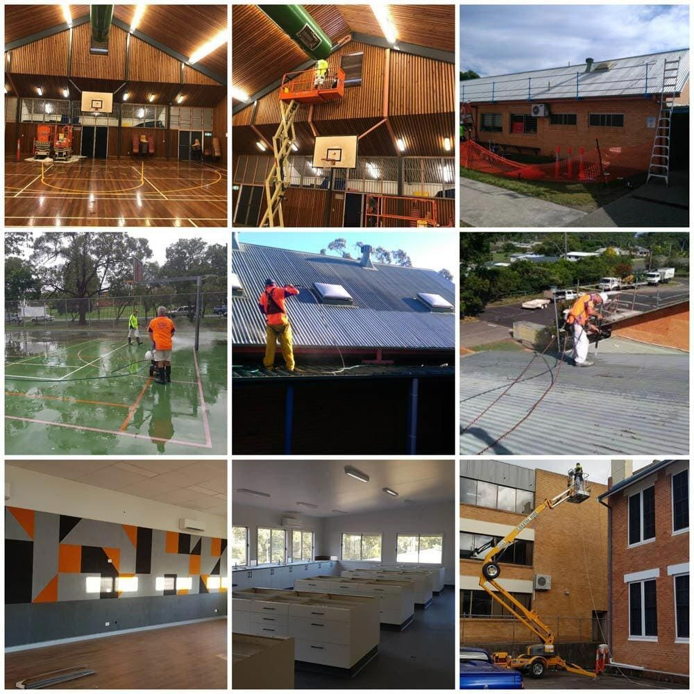 A Collage Of Pictures Shows A Basketball Court And A Building Under Construction — Mid Coast Coatings In Kempsey, NSW