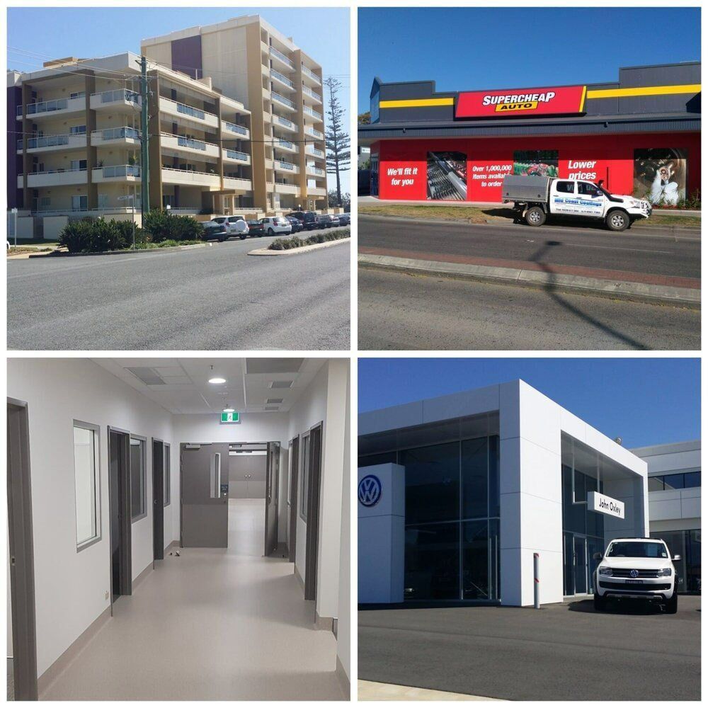 A Collage Of Four Pictures Shows A Building A Car Dealership And A Hospital — Mid Coast Coatings In Kempsey, NSW
