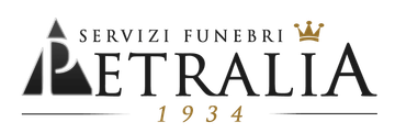 Logo per Servizi Funebri Petralia 1934, con testo nero, una corona e dettagli dorati su sfondo bianco.