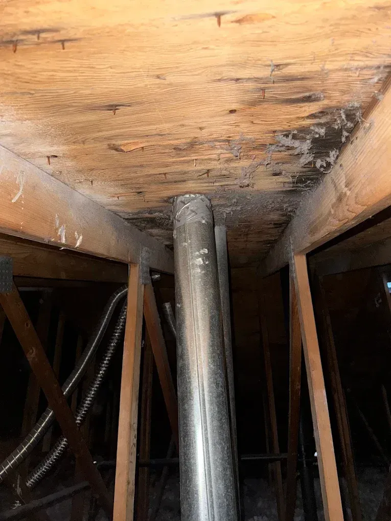 Exposed crawlspace with wooden joists, a central support post, and visible ducting in dim light