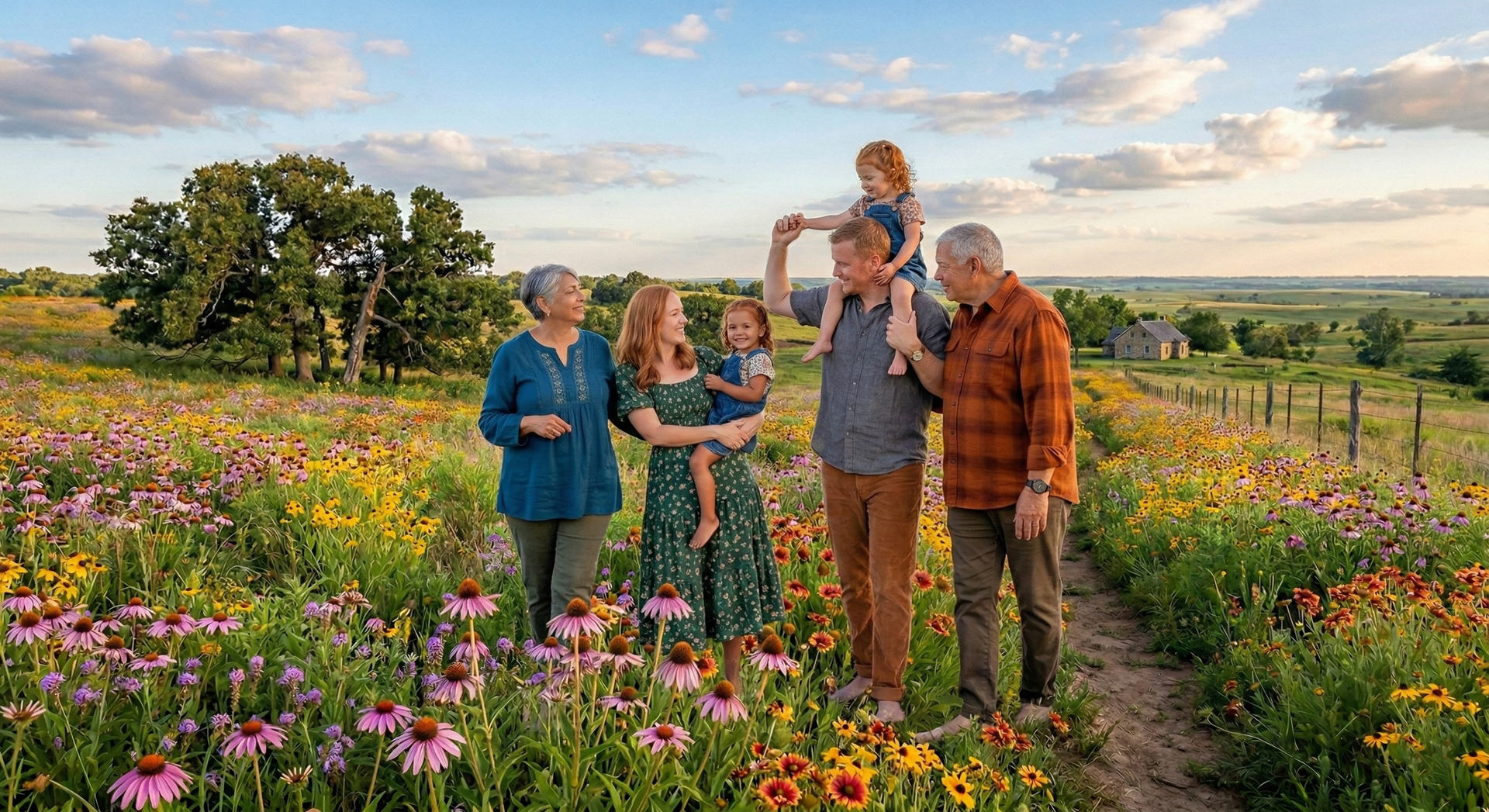 Five people stand in a flower field at sunset, admiring blossoms along a garden path.