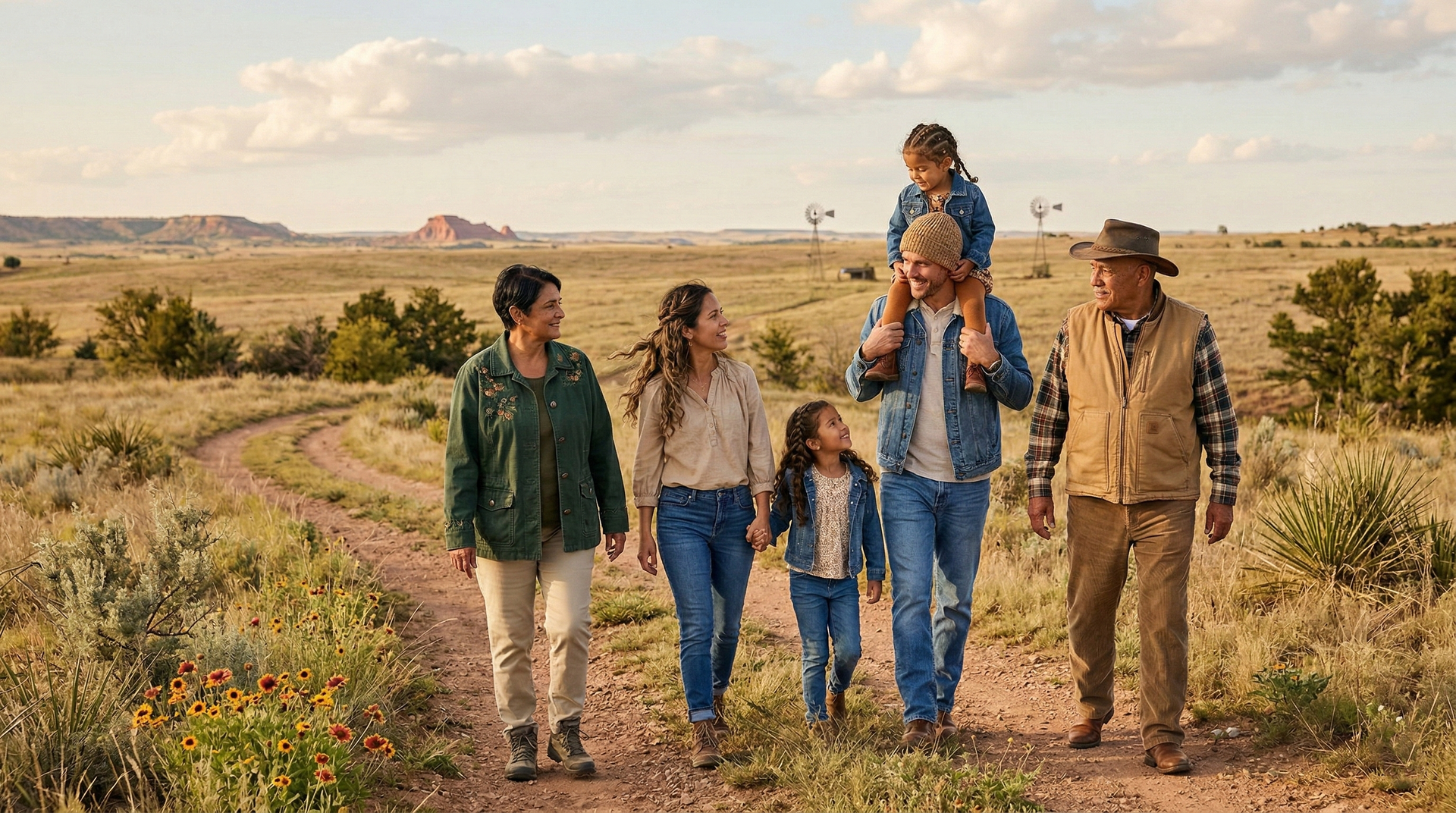 Family walking together through a grassy field on a sunny day, with a child riding on shoulders.