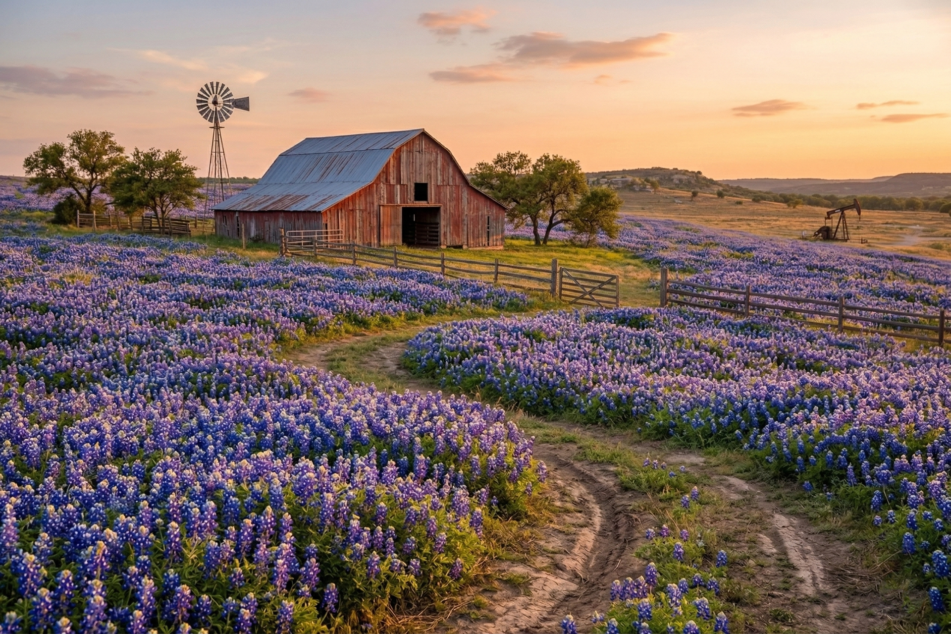 Rustic barn beside a dirt path through purple wildflowers at sunset, with a windmill in the background