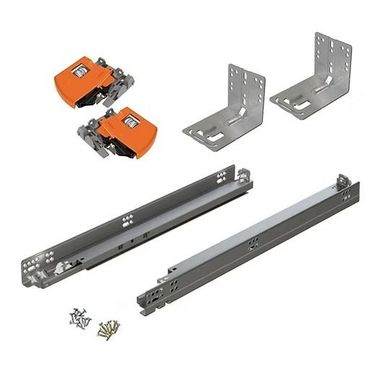 Orange hardware clamps, silver L-brackets, and black drawer slides with screws on a white background
