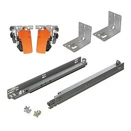 Hardware mounting kit with orange rollers, metal brackets, rails, and screws