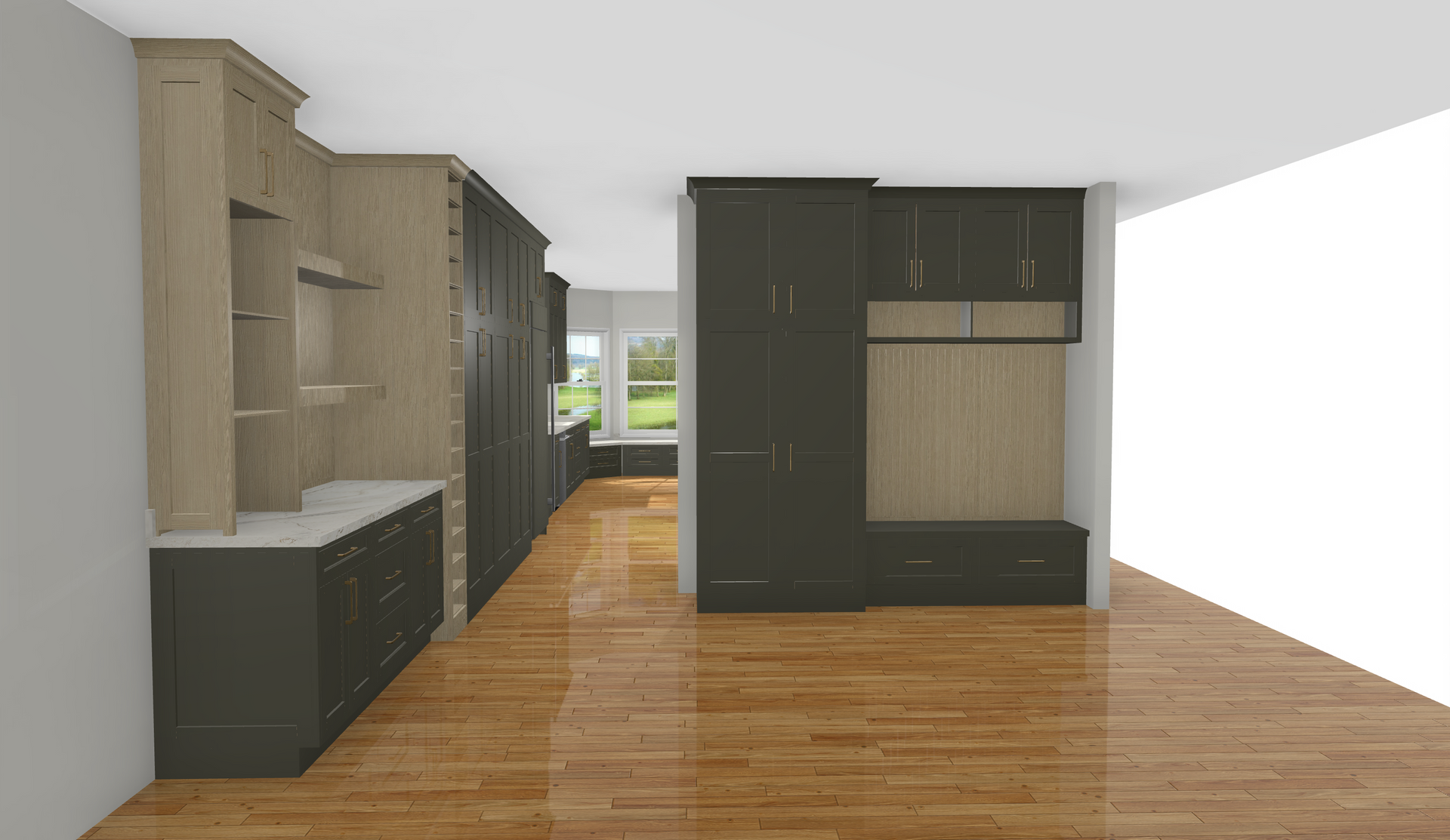 Modern kitchen with wood floors, beige cabinets, and a dark accent wall with built-in storage.
