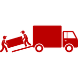 Two men are carrying a piece of furniture on the back of a red truck.