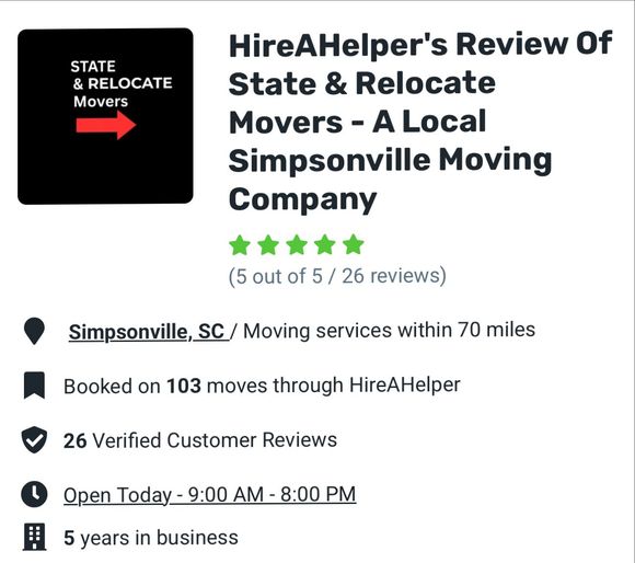 Logo and details for State & Relocate Movers, a Simpsonville moving company: 5-star rating, service area, and customer reviews.