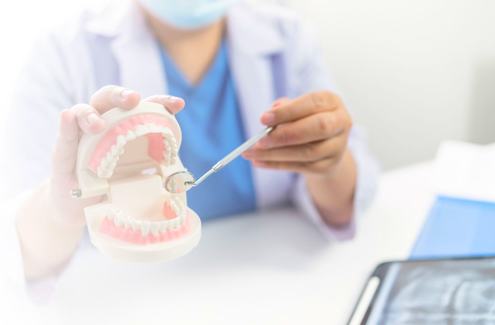 Dentist explaining the bone grafting procedure using a dental model and a mirror tool 