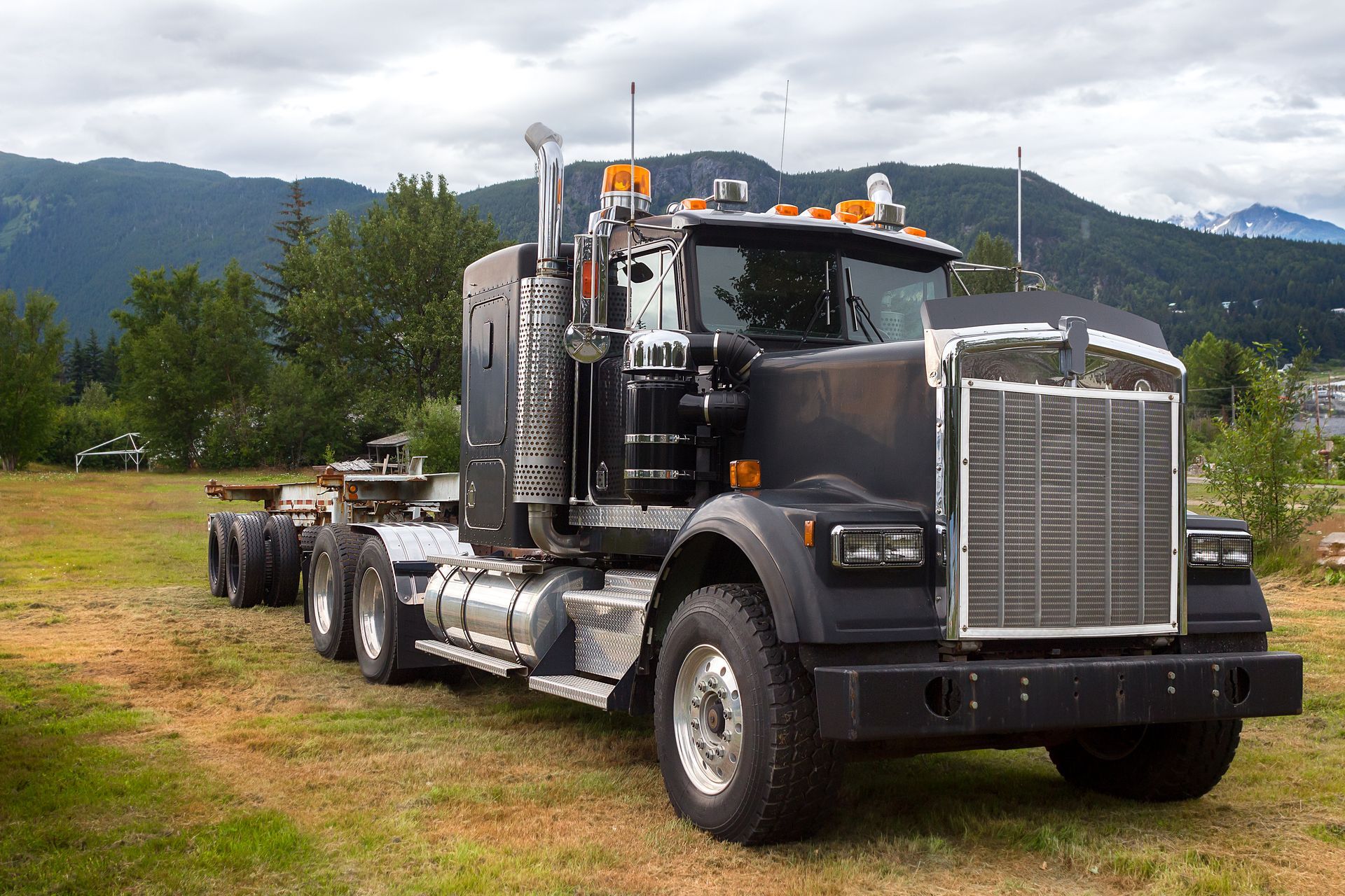 Black semi-truck parked on grass with mountains in the background