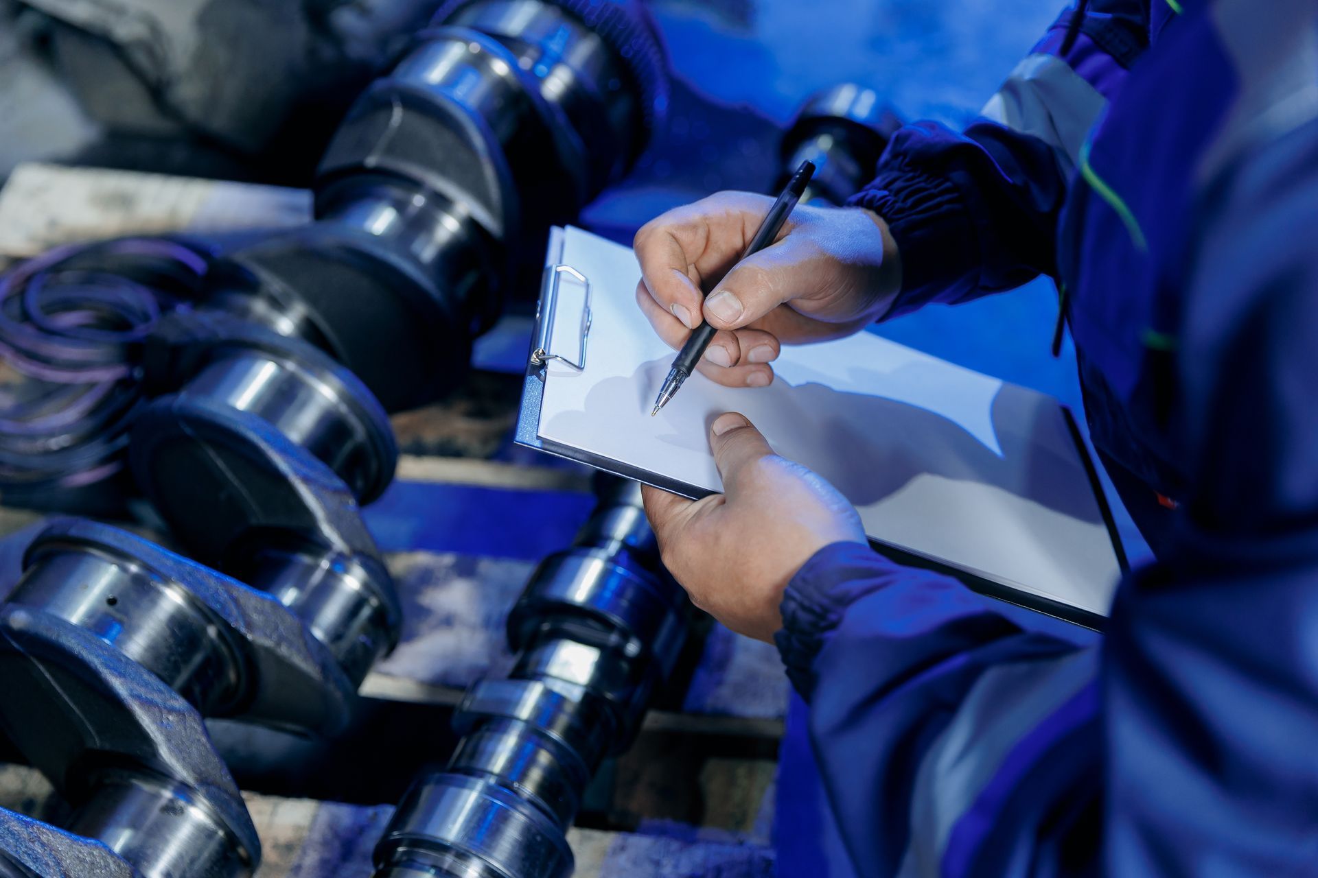 Hands in blue work gloves inspect metal machinery with a clipboard and pen.