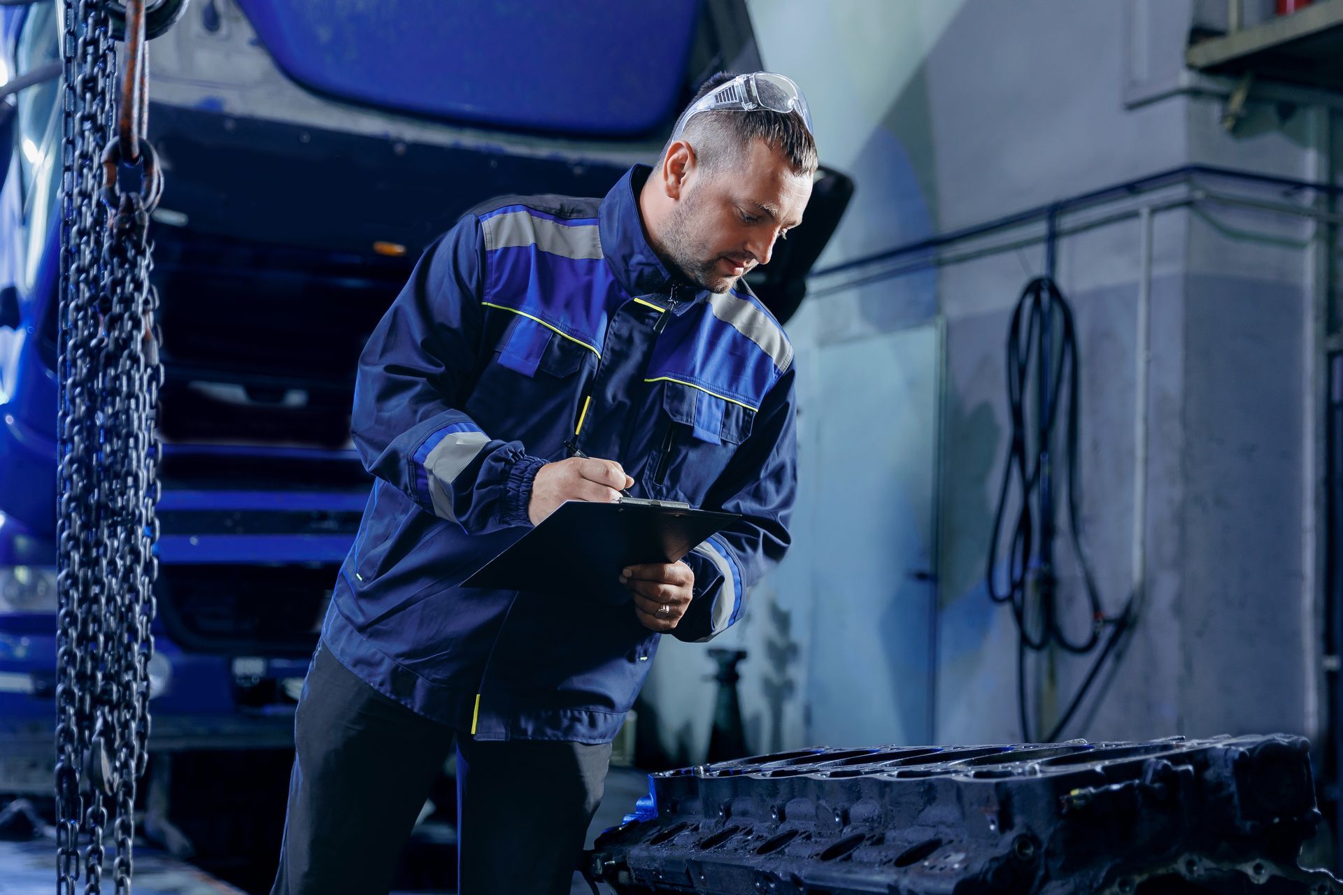 Mechanic in blue coveralls inspecting engine parts in an industrial workshop