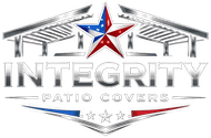 Integrity Patio Covers logo with a red, white, and blue star and gray roof lines