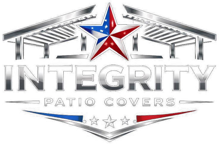 Integrity Patio Covers logo with a red, white, and blue star and gray roof lines