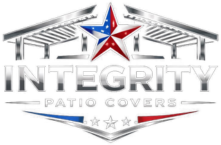 Integrity Patio Covers logo with a red, white, and blue star and gray roof lines