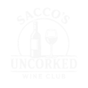 Logo for Sacco's Uncorked Wine Club: wine bottle and glass inside a circle with text above and below.