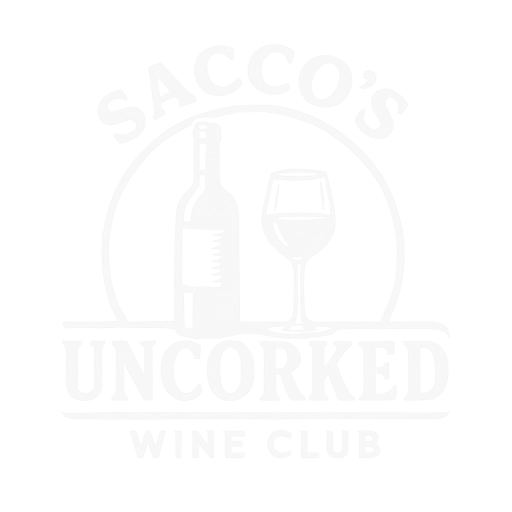 Logo for Sacco's Uncorked Wine Club: wine bottle and glass inside a circle with text above and below.