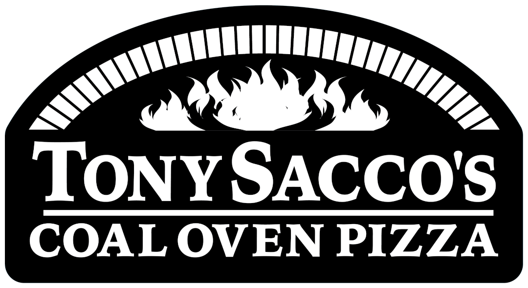 Logo for Tony Sacco's Coal Oven Pizza, featuring a flame graphic above text.