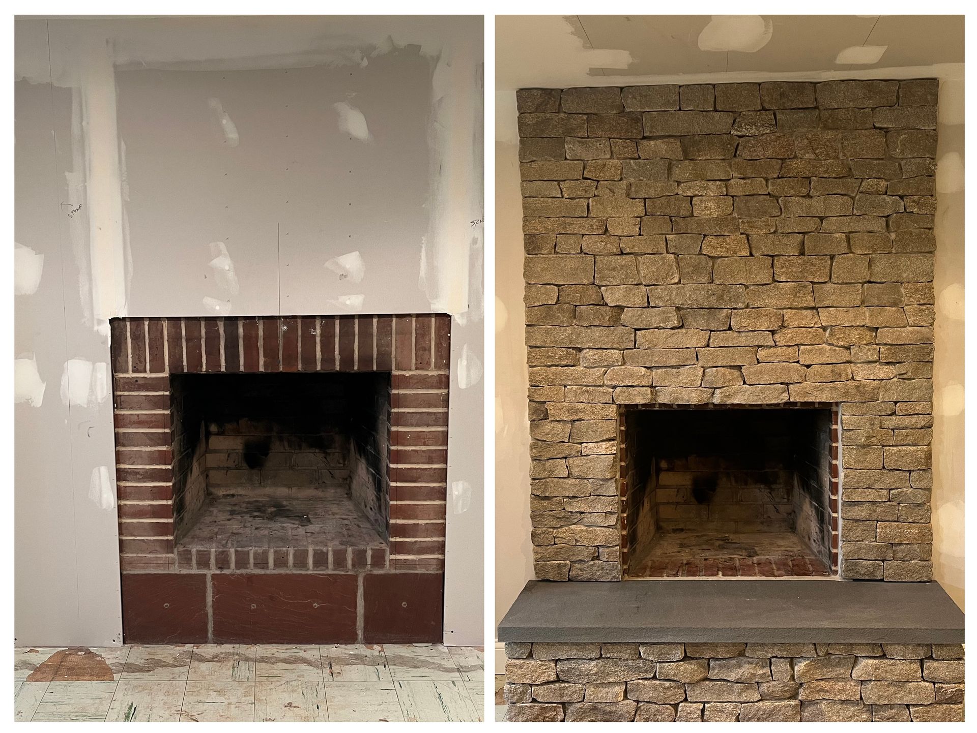 Side-by-side brick fireplaces: unfinished on the left, stone-faced on the right.