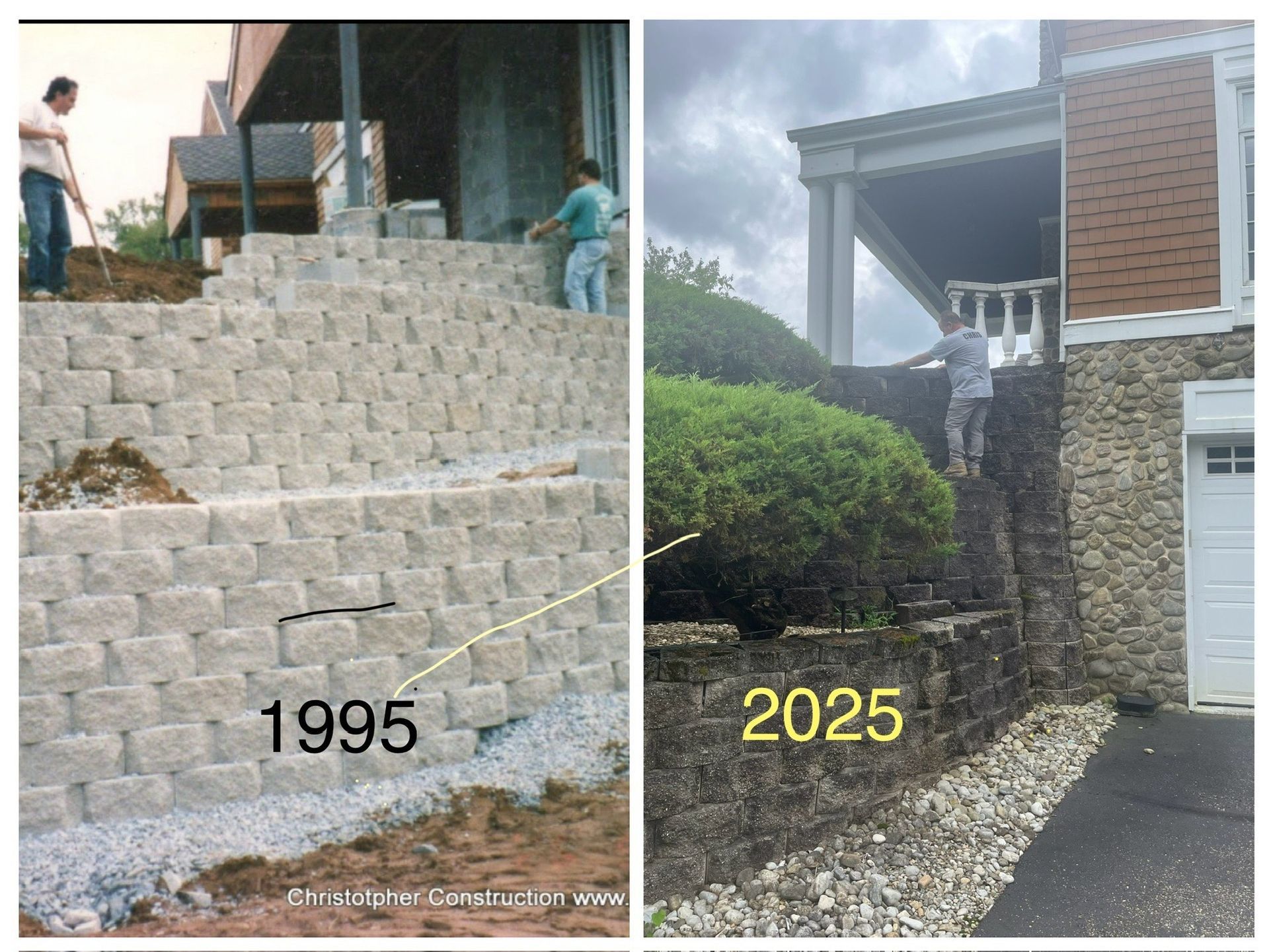 Split image of stone retaining wall and stairs in 1995 vs 2025, showing a house and shrubs below.