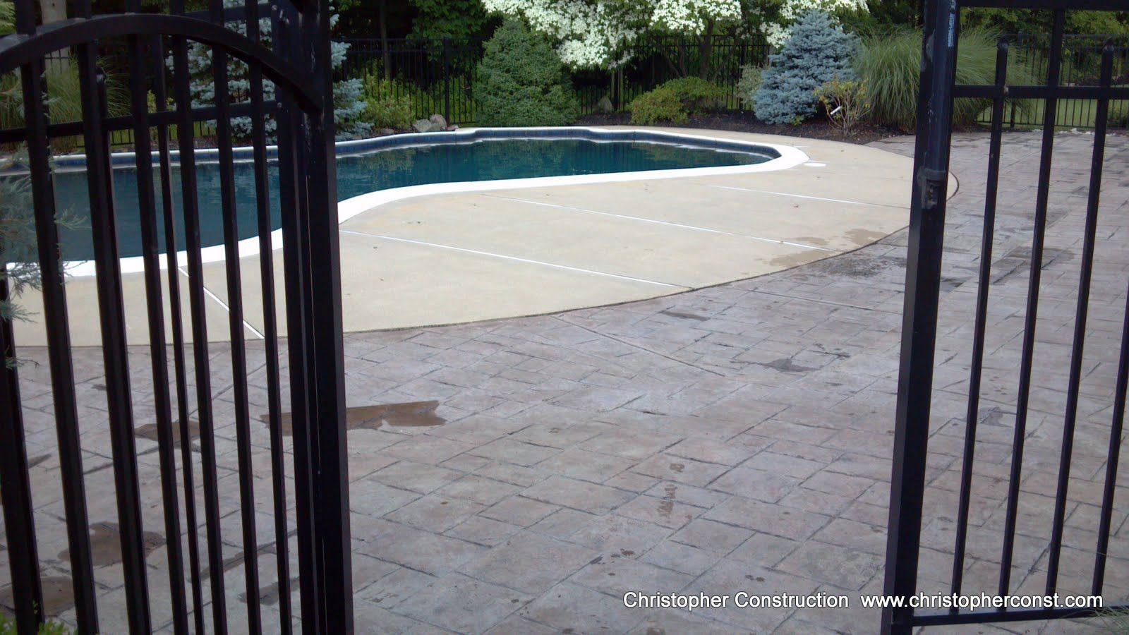 Gated backyard pool with a curved concrete deck and dark wrought-iron gates in the foreground