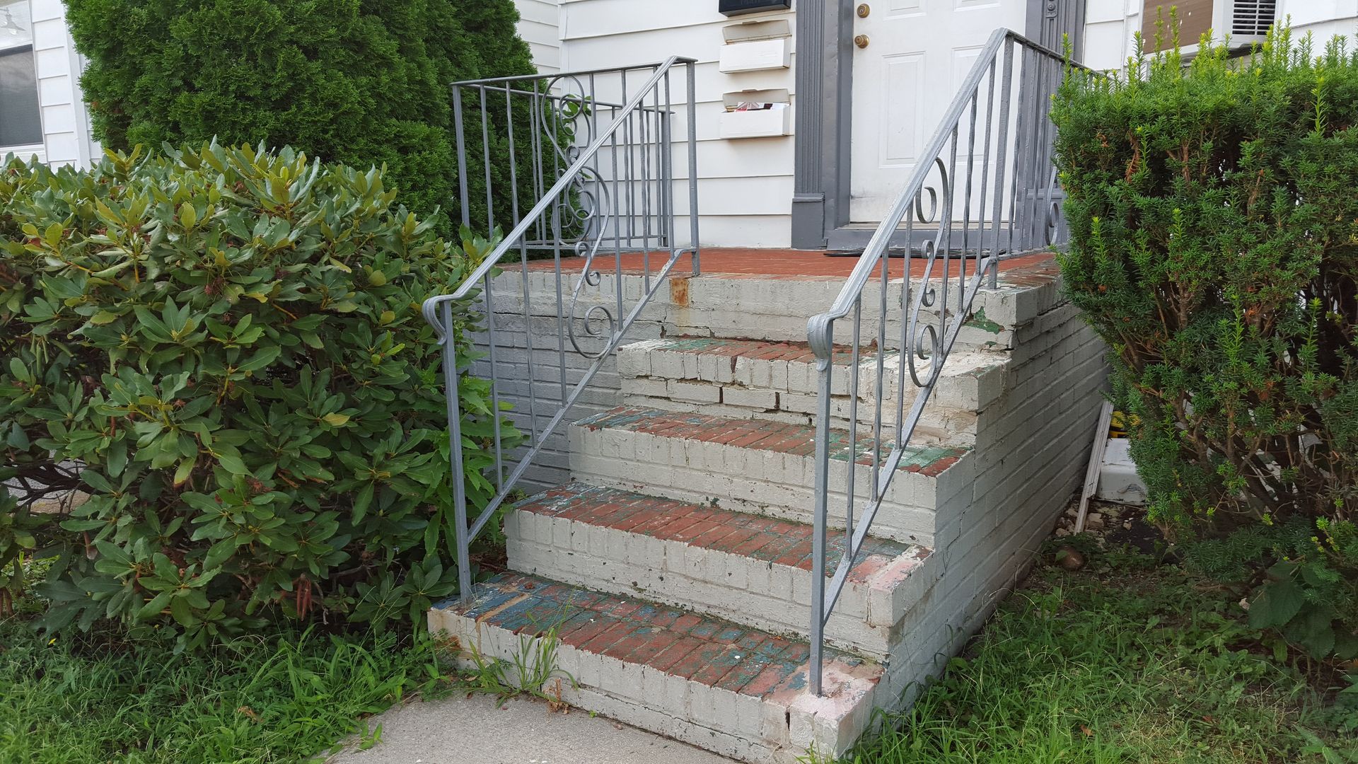 Concrete front steps with metal railings leading to a white house entrance, bordered by bushes and grass