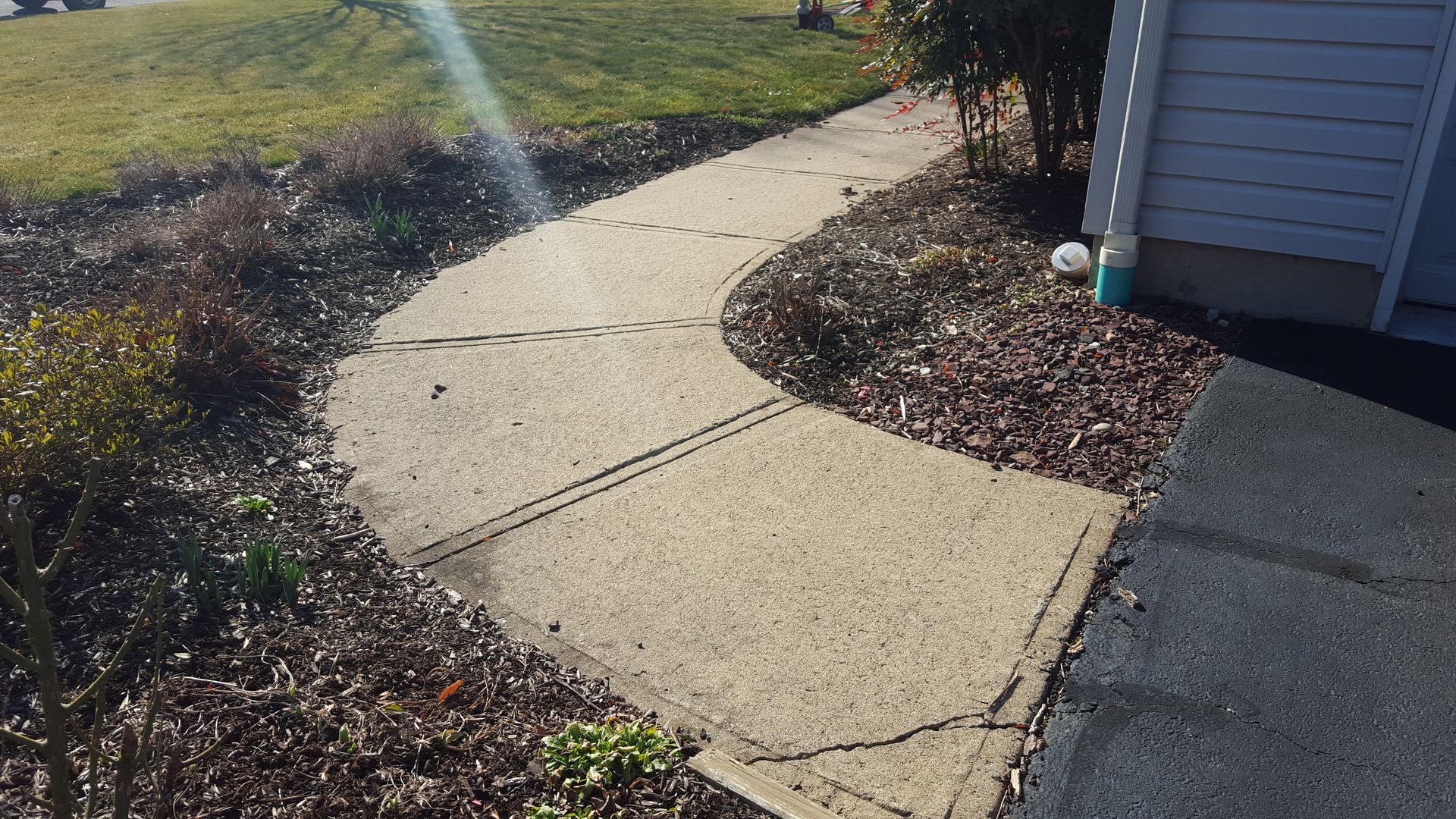 Curved concrete walkway beside a house, bordered by mulch and grass in bright sunlight.