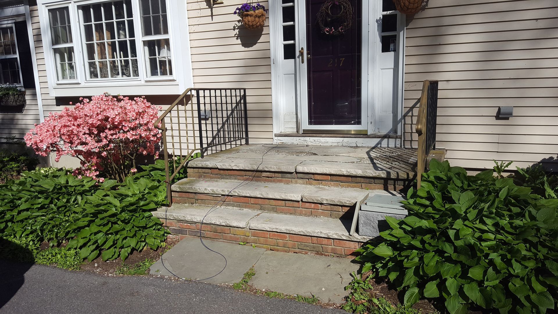 Front steps to a house with a purple door, stone walkway, and flowering shrubs.