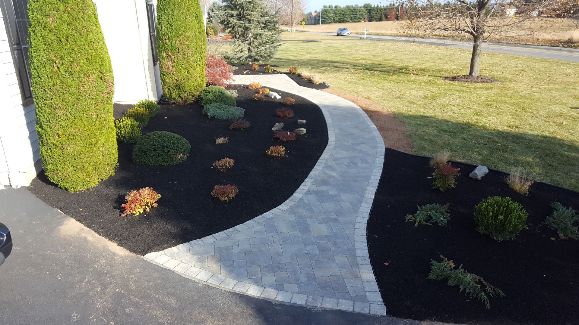Curved concrete walkway beside a landscaped garden with trimmed shrubs and dark mulch in bright sunlight