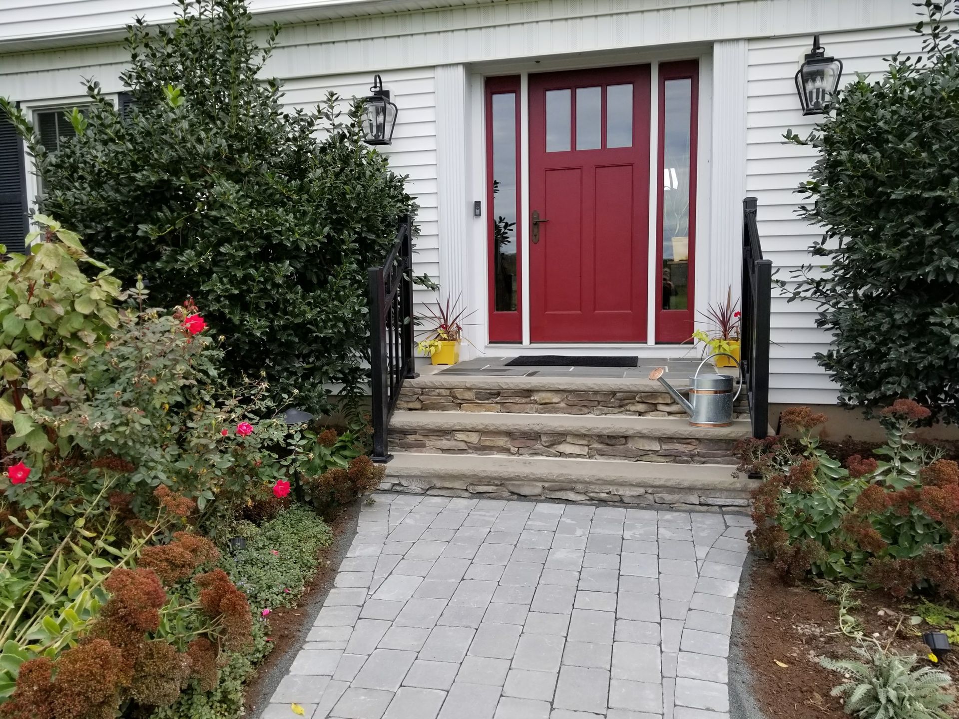 Front walkway leading to a red front door with stone steps and garden plants on both sides