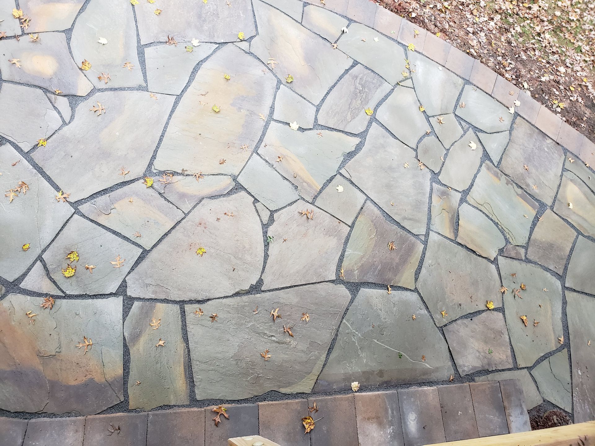 Stone walkway with irregular gray pavers and small yellow leaves scattered across it