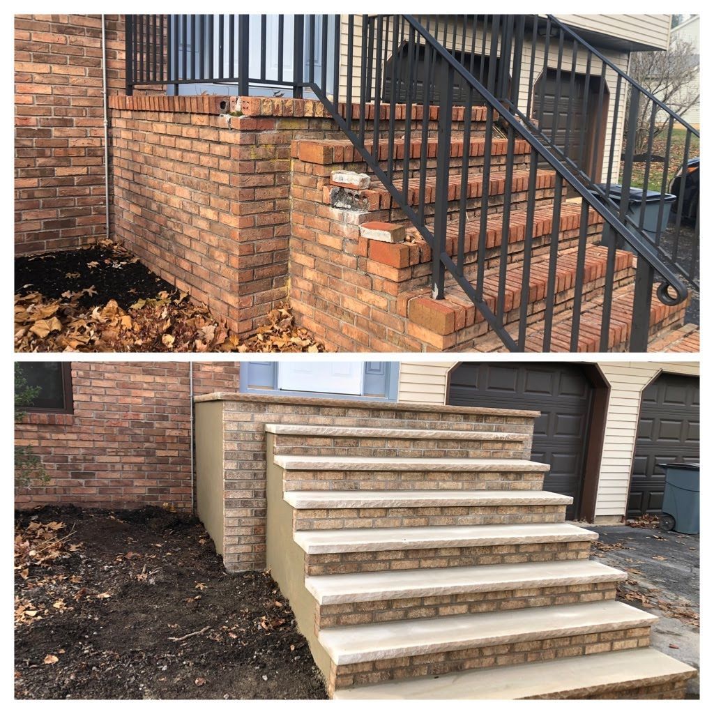 Before-and-after view of brick steps and railing repair, showing damaged stairs replaced with new concrete steps.