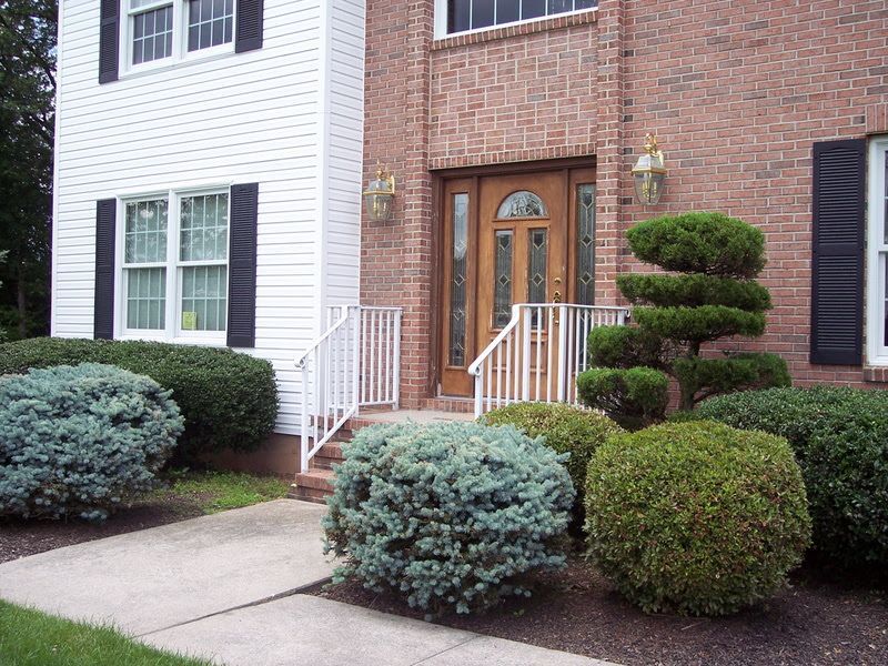 Front entrance of a brick townhouse with white siding, a wooden door, and neatly trimmed shrubs.