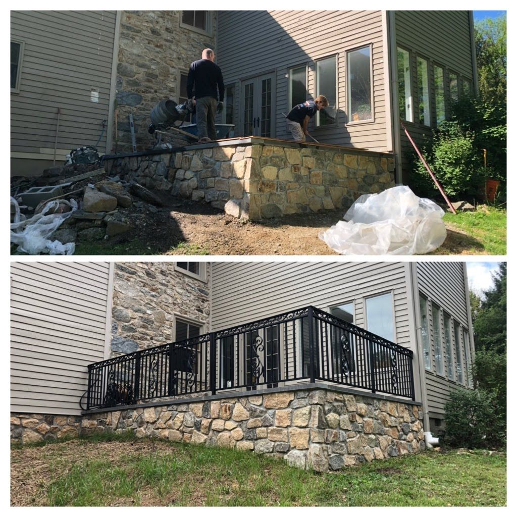 Before and after view of a stone porch renovation with black metal railing on a house