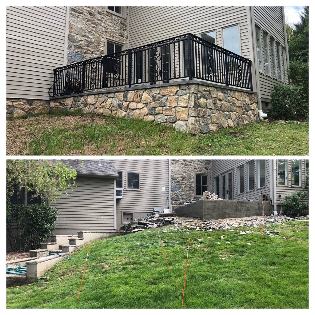 Two views of a house exterior with a stone retaining wall, black railing, and grassy sloped yard.