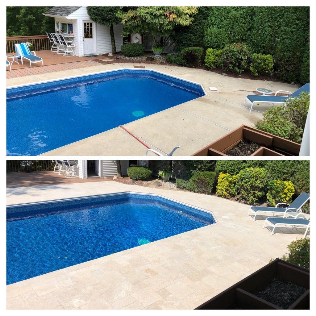 Backyard swimming pool before-and-after: blue water replaced by clean empty beige tile deck