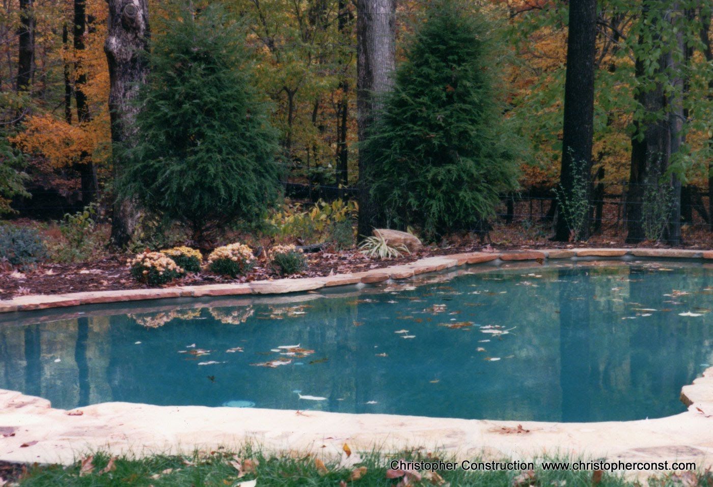 A turquoise swimming pool beside tall trees and autumn foliage in a wooded setting