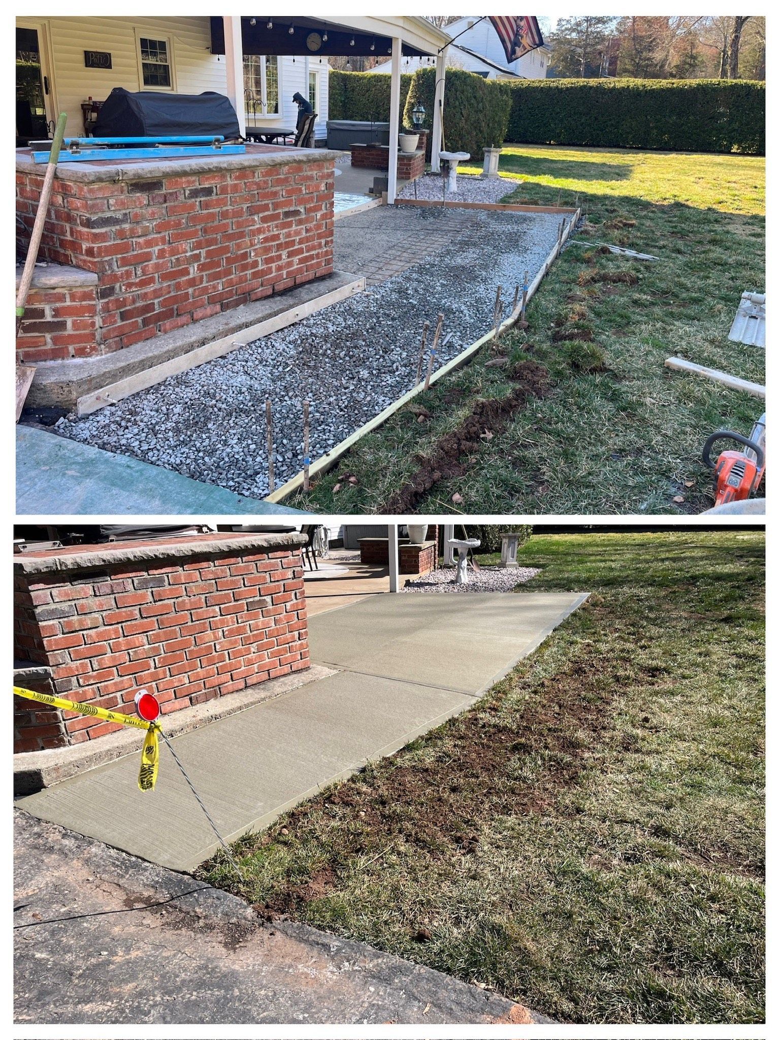 Back patio walkway before-and-after: concrete path beside brick wall and lawn, with gravel replaced by pavement.