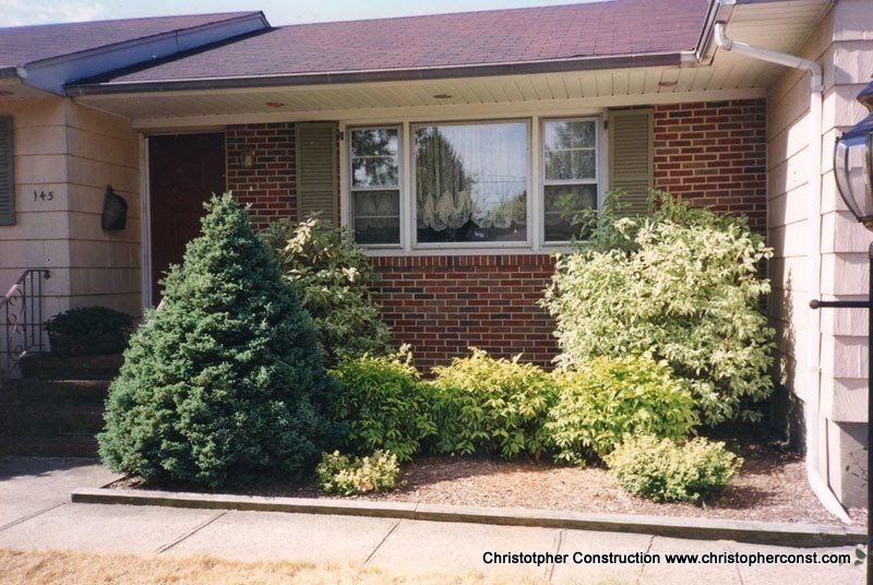Front yard with evergreen shrubs and a flowering bush in front of a brick house