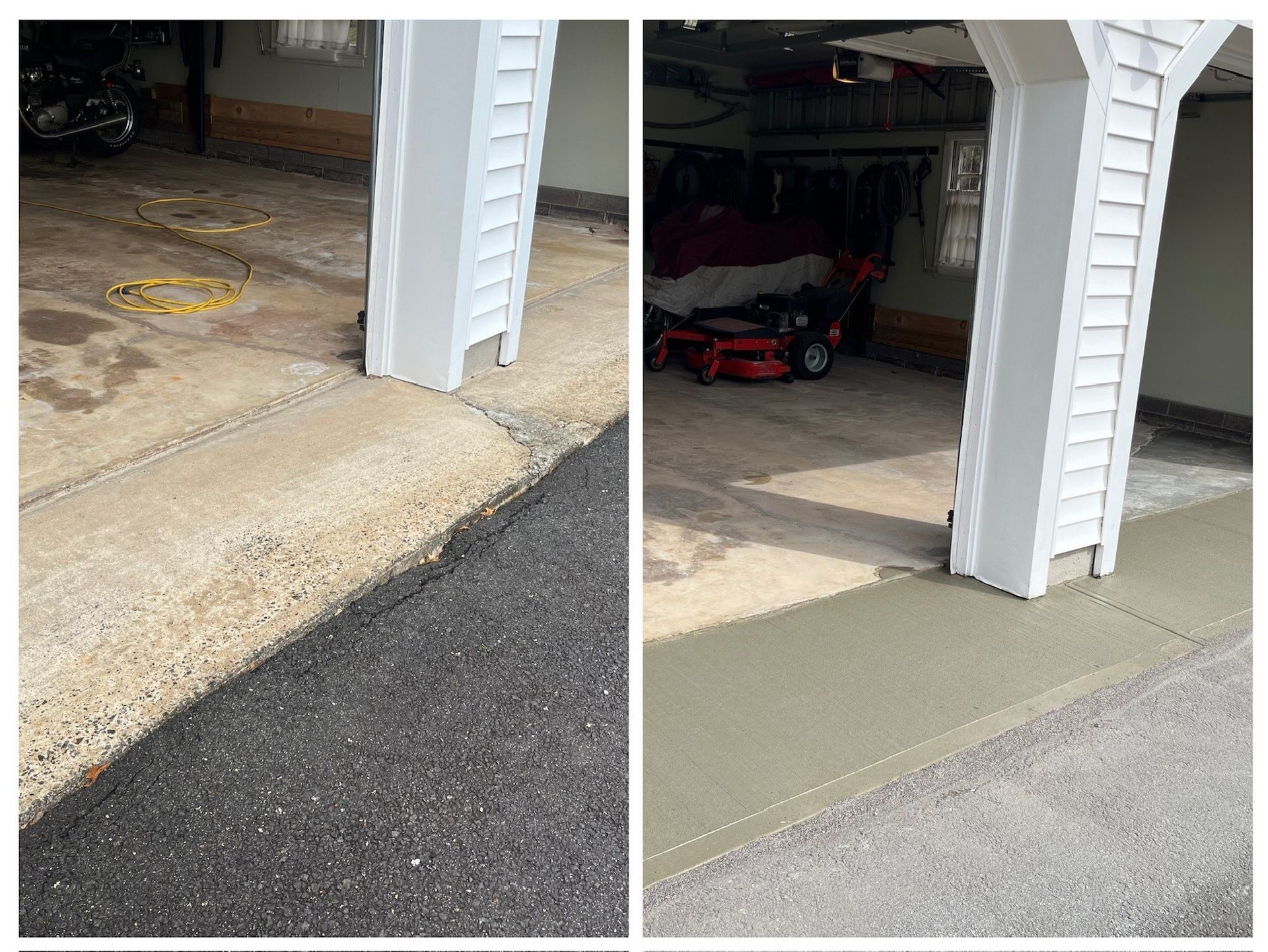 Before-and-after garage driveway with cracked concrete patched and resurfaced near the entrance.
