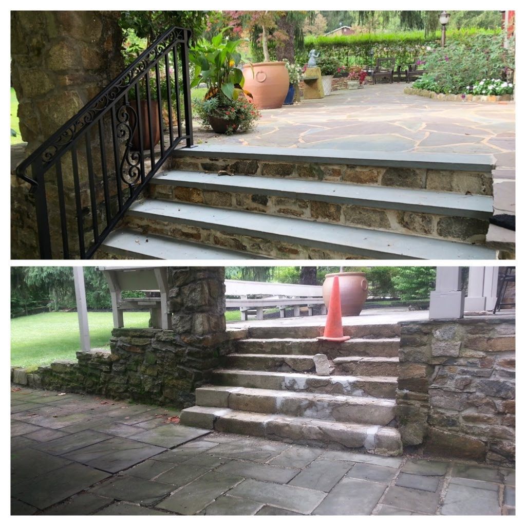 Stone steps and stairways in a garden courtyard, with black railing and potted plants.
