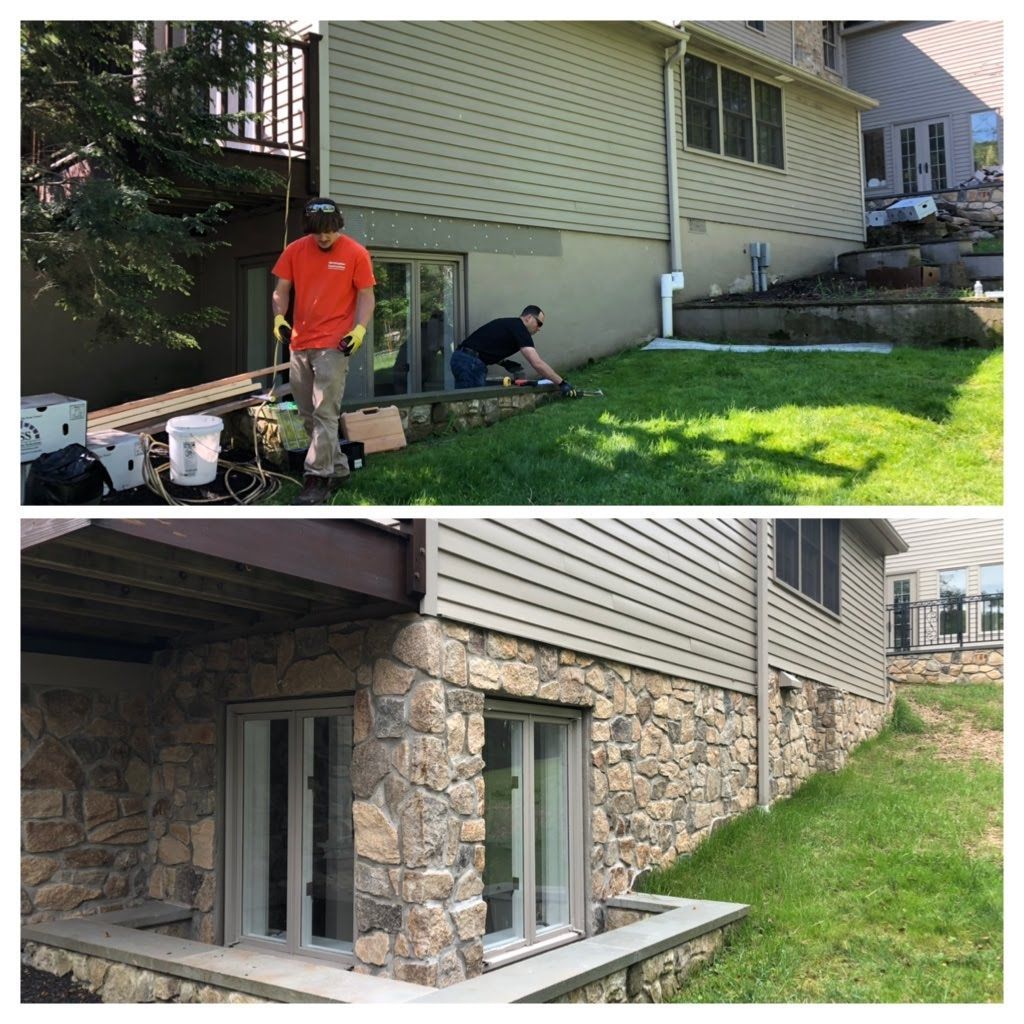 Before-and-after view of stone veneer installed on a house foundation, with workers in the top panel