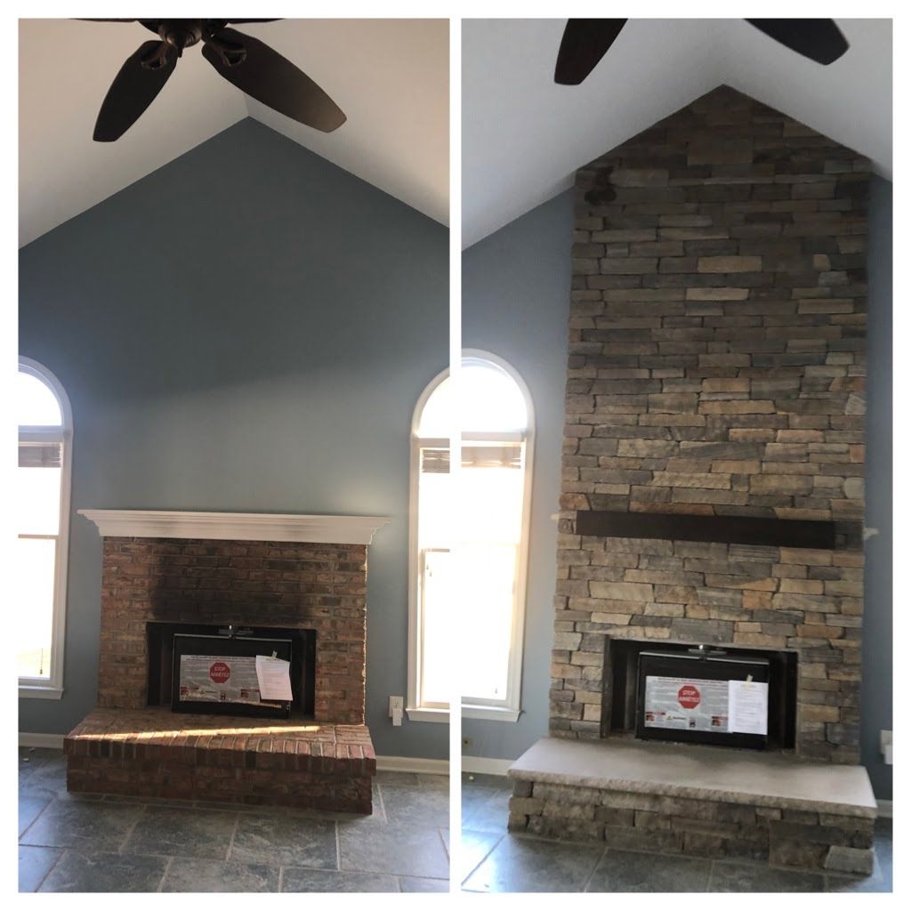 Side-by-side fireplace makeover: gray painted wall on left, stacked stone accent wall on right.