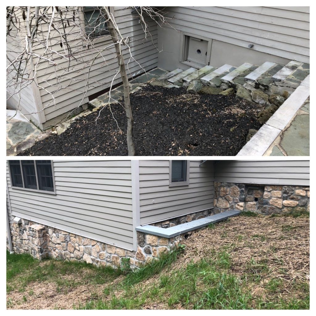 Before-and-after view of a house foundation area: stone bed replaced with bare soil and a small retaining edge.